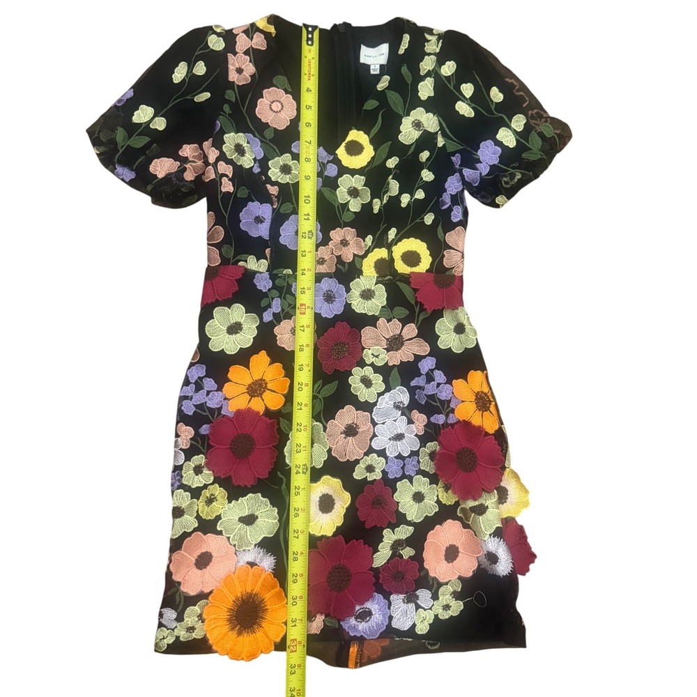 Adelyn Rae Black Multi Floral Embroidered Puff Sleeve V Neck Mini Dress Size S - Picture 8 of 14
